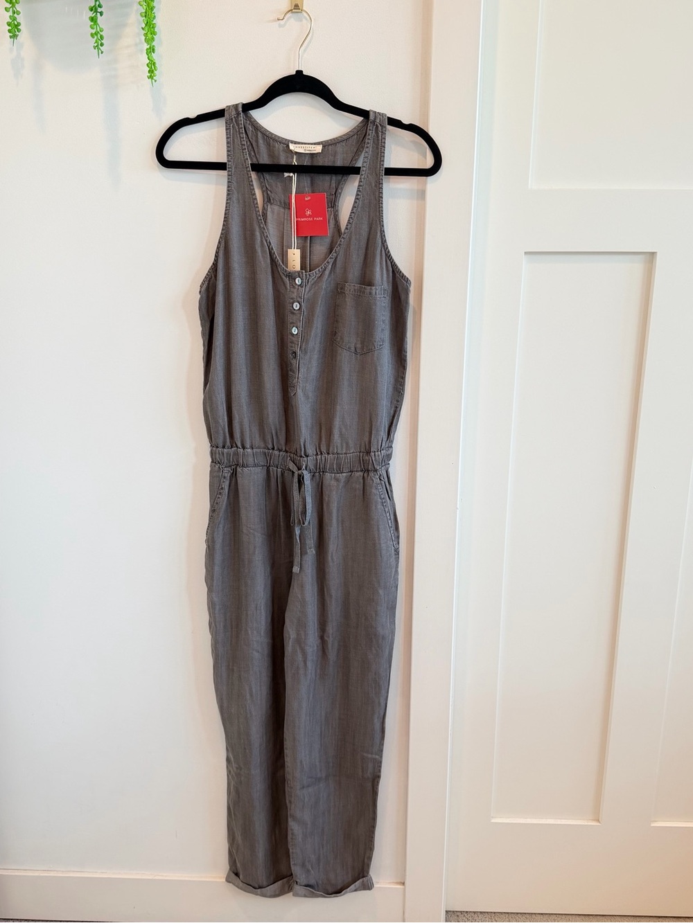 lovestitch Boutique Gray Sleeveless Henley Jumpsuit with Drawstring Waist
